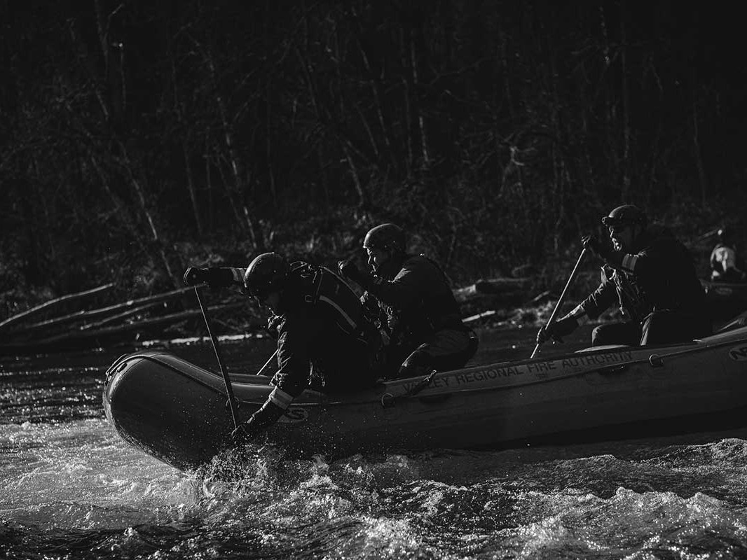 Rescue team in raft