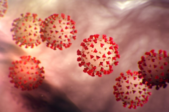 A group of red coronaviruses floating in the air, posing a potential rescue challenge for firefighters.