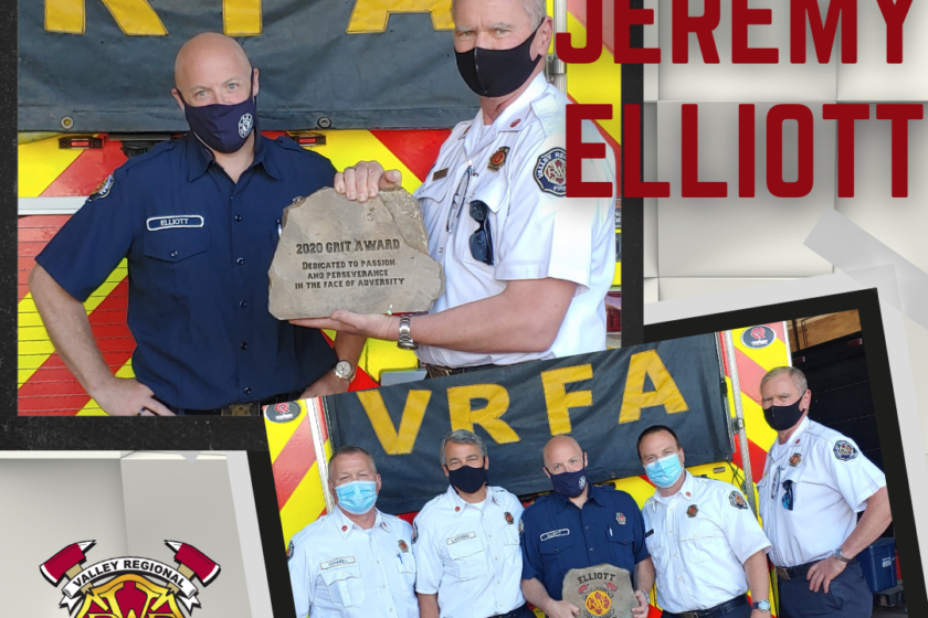 Jeremy Eliott, a dedicated firefighter, receives the 2020 VFA Grit Award for his exceptional service and rescue efforts.