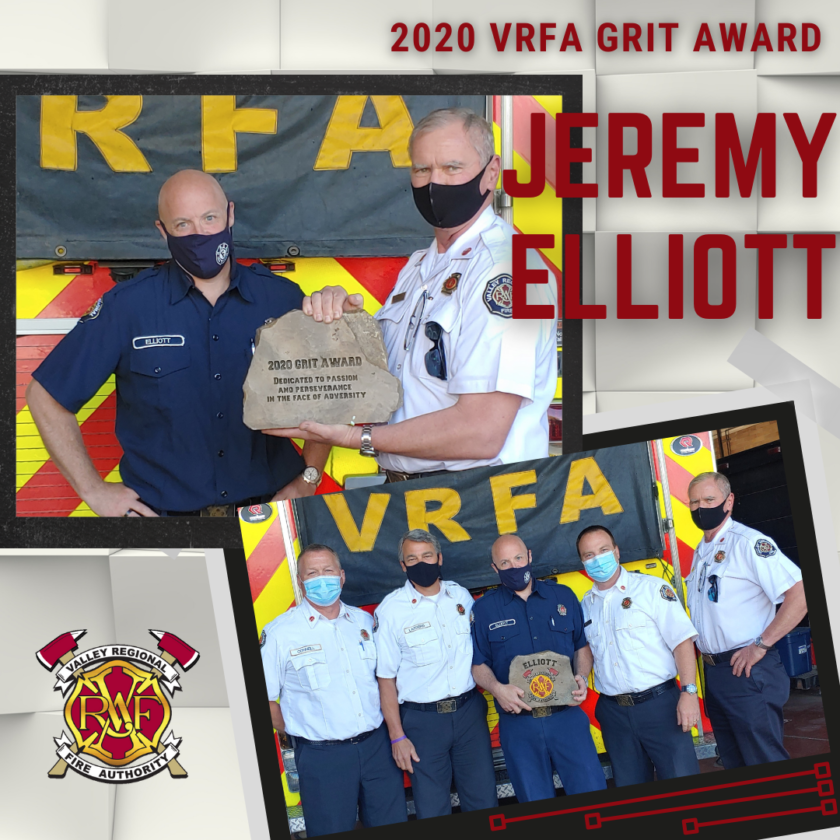 Jeremy Eliott, a dedicated firefighter, receives the 2020 VFA Grit Award for his exceptional service and rescue efforts.
