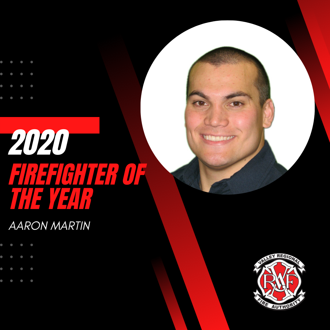 Aaron Martin, the 2020 firefighter of the year, is recognized for his outstanding service in the Valley Regional Fire Authority.