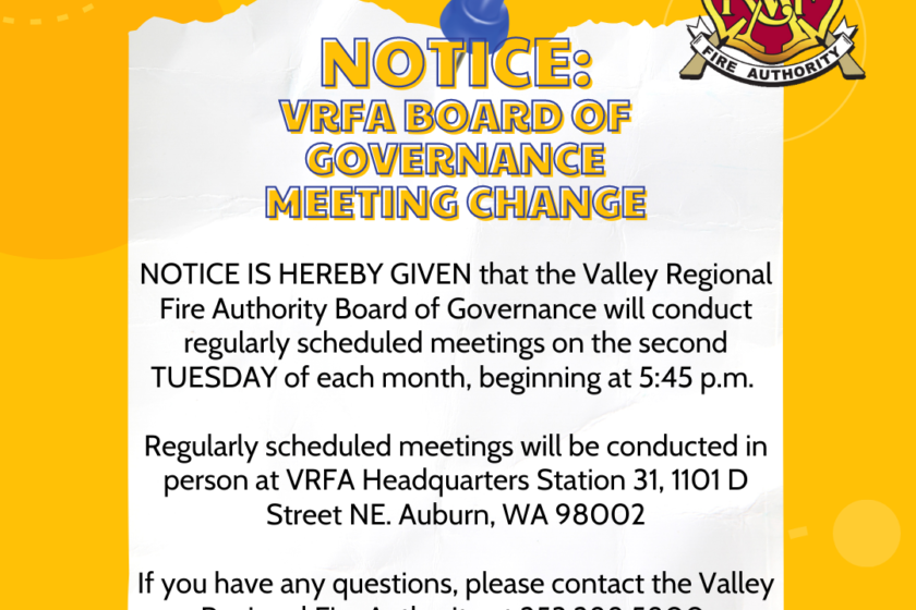 Notice of Valley Regional Fire Authority board of governance meeting change.