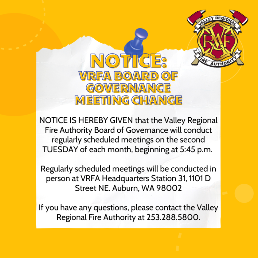 Notice of Valley Regional Fire Authority board of governance meeting change.