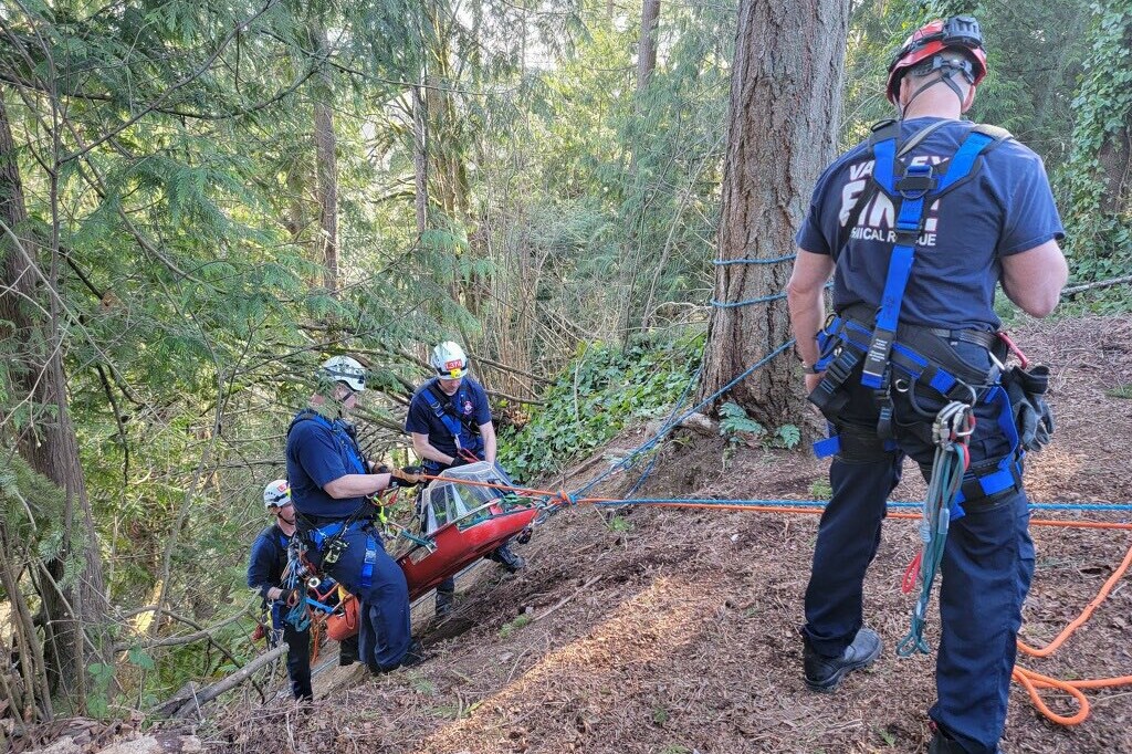 A group of Valley Regional Fire Authority firefighters are working on a trail in the woods to provide rescue service.