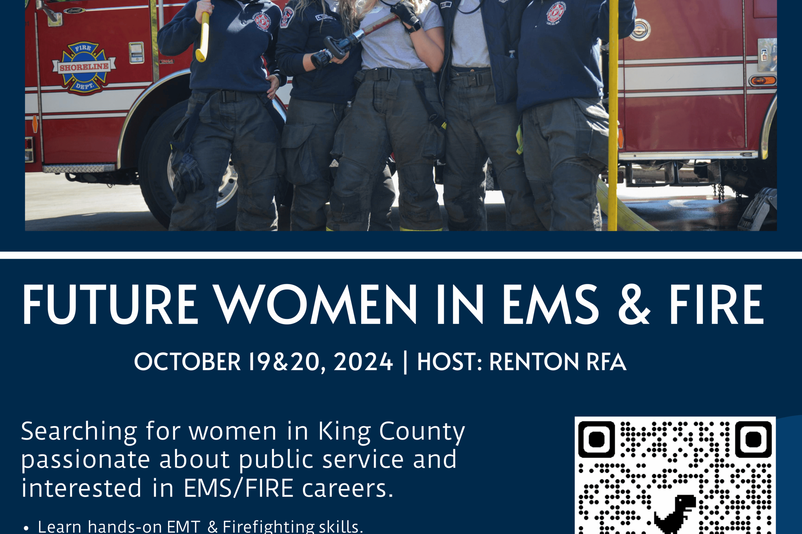 Five women in firefighting uniforms stand smiling in front of a Valley Regional Fire Authority truck, promoting a free event for women interested in EMS and fire careers in King County.