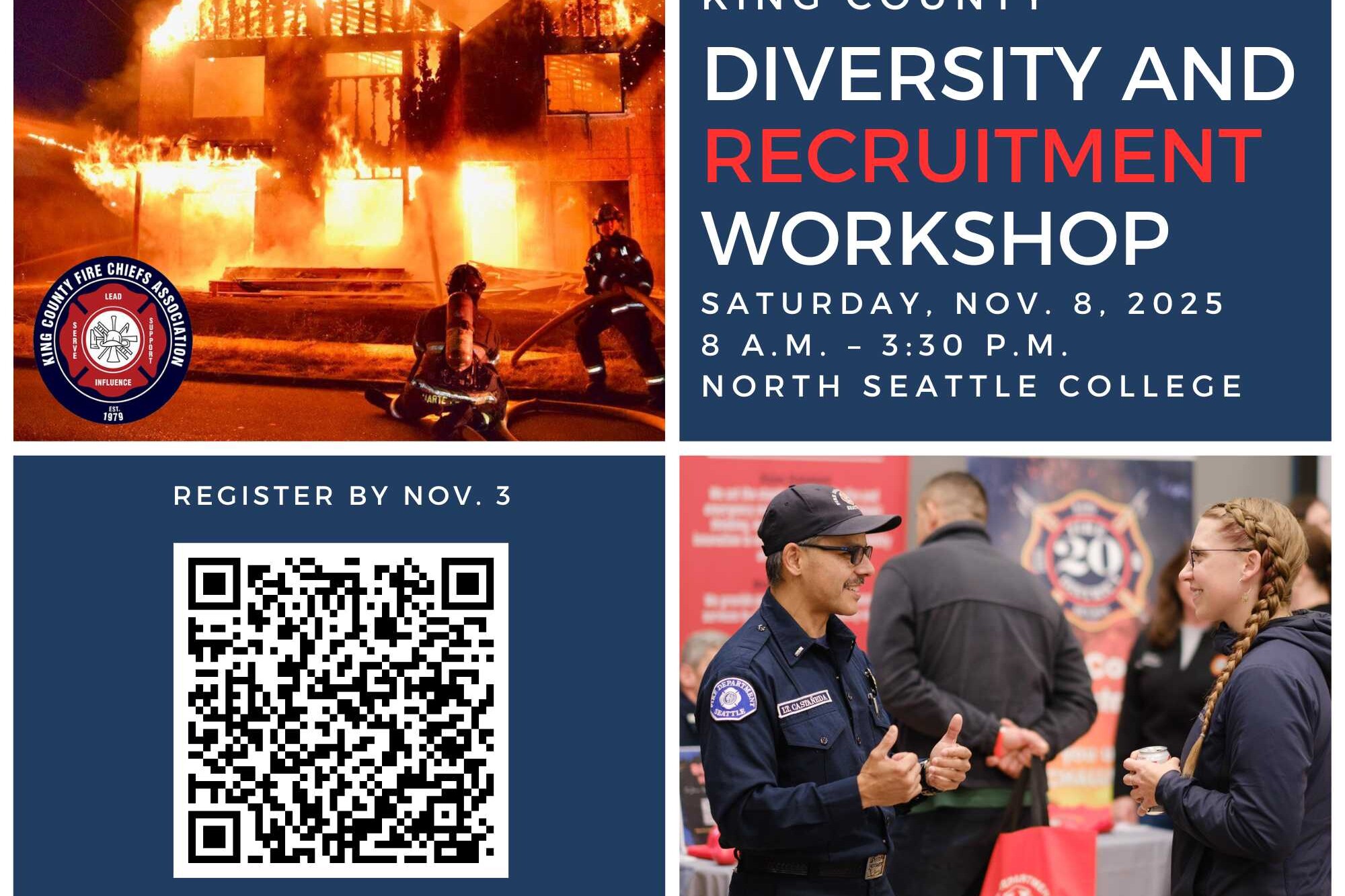 Promotional flyer for a King County Recruitment Workshop focused on Diversity, featuring event details, a QR code, and images of firefighters at work and engaging at a booth.