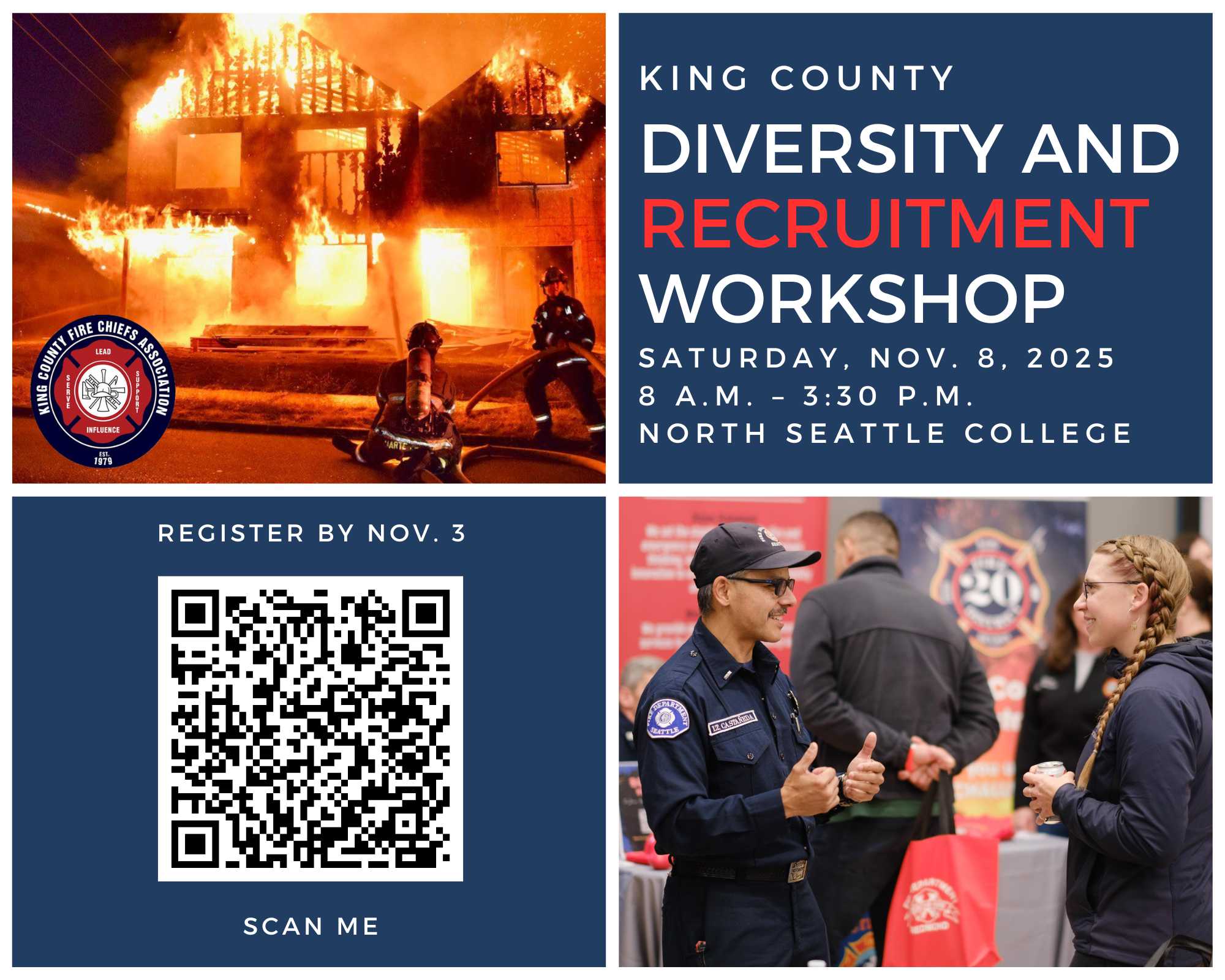 Promotional flyer for a King County Recruitment Workshop focused on Diversity, featuring event details, a QR code, and images of firefighters at work and engaging at a booth.