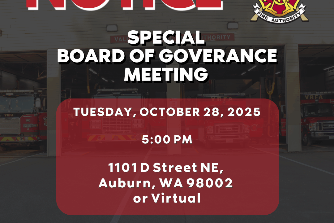 Notice: A Special Board of Governance Meeting will be held on October 28, 2025, at 5:00 PM in Auburn, WA, or virtually. The agenda includes budget info and contact details.