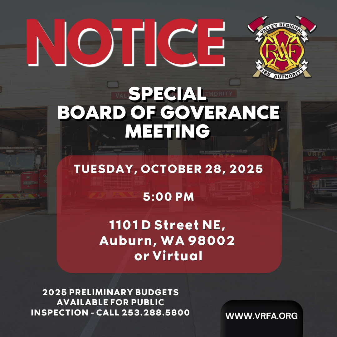 Notice: A Special Board of Governance Meeting will be held on October 28, 2025, at 5:00 PM in Auburn, WA, or virtually. The agenda includes budget info and contact details.
