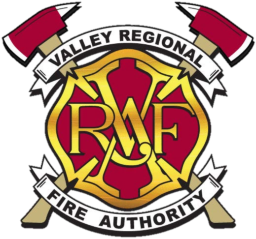 Logo of Valley Regional Fire Authority featuring a gold firefighter emblem with crossed axes and the initials 