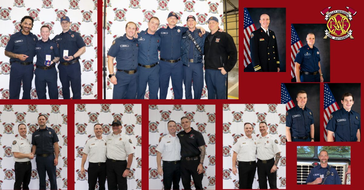 A collage of VRFA Members, firefighters, and officials posing for group and individual photos in uniform—some with awards—stands proudly before a fire department logo backdrop and American flags, highlighting their 2025 Flooding response efforts.