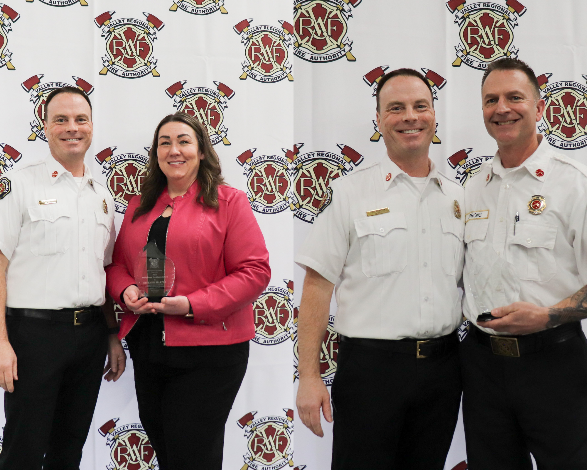 Two photos show VRFA award recipients posing in front of a fire authority backdrop; in the first, a woman holds a 2025 Professional Excellence Award, and in the second, two men in uniform stand side by side.