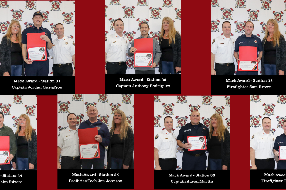 A collage of eight VRFA Excellence and Mack Award recipients posing with certificates, joined by three officials in front of a fire department backdrop. Each panel names the recipient and their station.