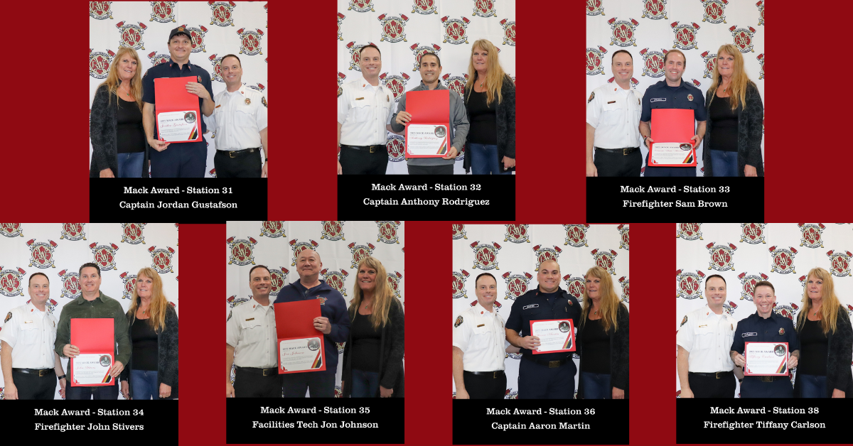 A collage of eight VRFA Excellence and Mack Award recipients posing with certificates, joined by three officials in front of a fire department backdrop. Each panel names the recipient and their station.
