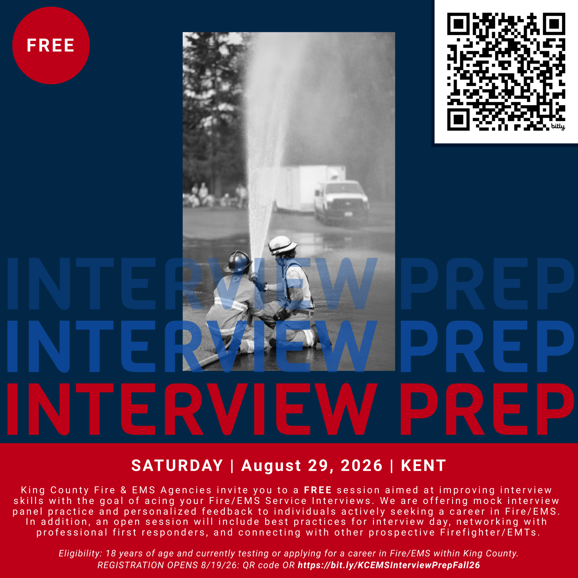 Three firefighters spray water from a hose during training, with event details about a free Interview Prep session for Fire/EMS included on the flyer. The session will take place in Kent on August 29, 2026.
