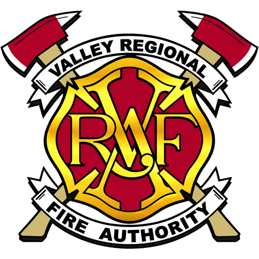 Valley Regional Fire Authority emblem with yellow and red shield, crossed axes, and the letters “VRFA” in the center.