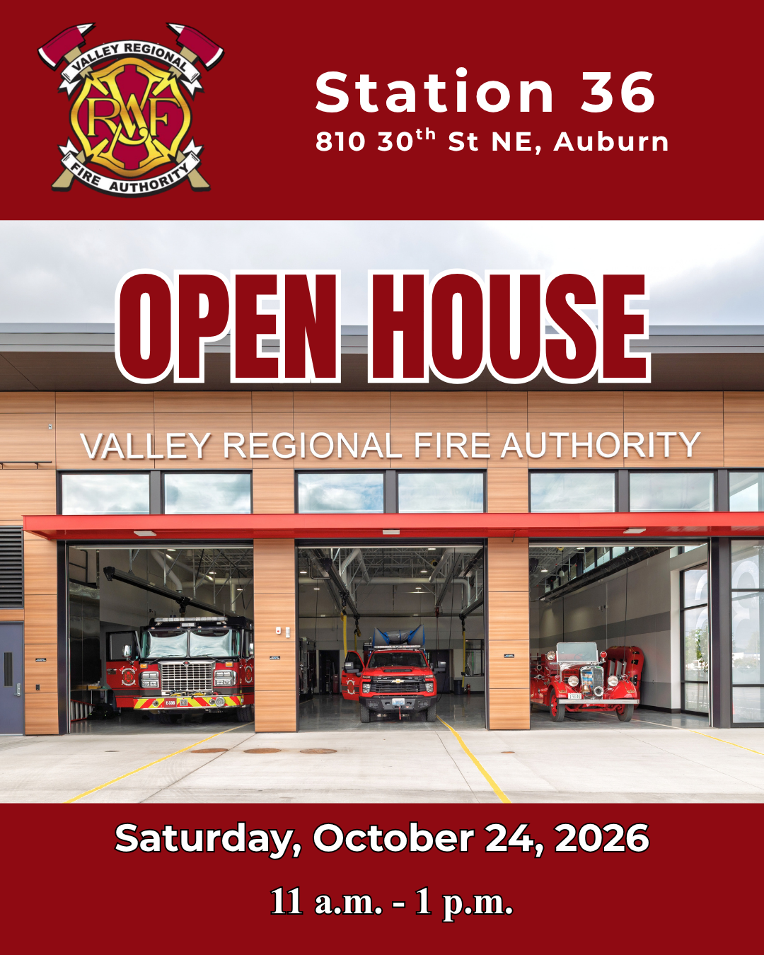Flyer for the VRFA Fire Station 36 open house on Saturday, October 24, 2026, from 11 a.m. to 1 p.m. at 810 30th St NE, Auburn.
